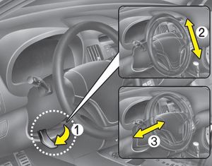To change the steering wheel angle, pull down the lock release lever (1), adjust