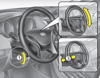 To change the steering wheel angle, pull down the lock release lever (1), adjust