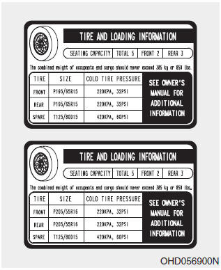 The label located on the driver's door sill gives the original tire size, cold