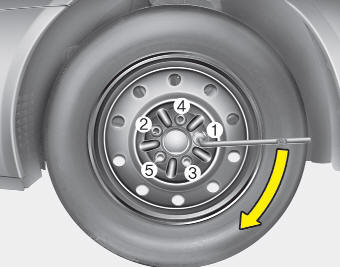 Then position the wrench as shown in the drawing and tighten the wheel nuts.